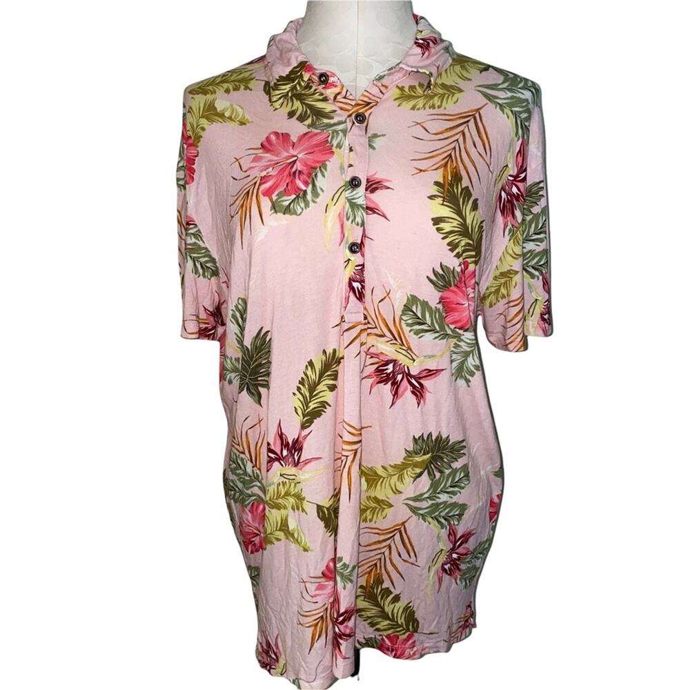 Zara Hawaiian Floral Print Pullover Polo Style short sleeve Shirt pink sz large